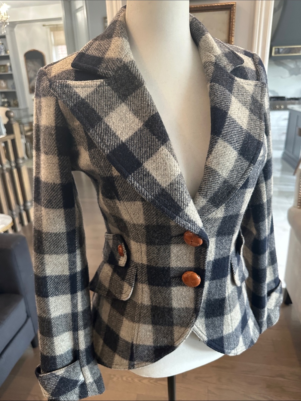 Smythe Cream and Navy Plaid Wool-Blend Blazer